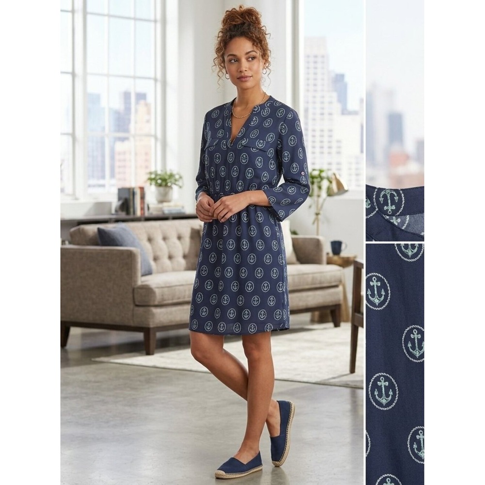 Justify Navy & Teal Circular Print Long Sleeve Fit and Flare Dress Size M